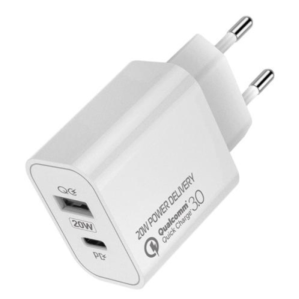 Мережевий зарядний пристрій ColorWay, White, 1xUSB-C/PD, 1хUSB/QC3.0, 3A, 20W (CW-CHS025QPD-WT)