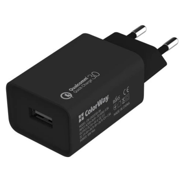 Мережевий зарядний пристрій ColorWay, Black, 1xUSB, QC3.0, 3A, 18W (CW-CHS013Q-BK)