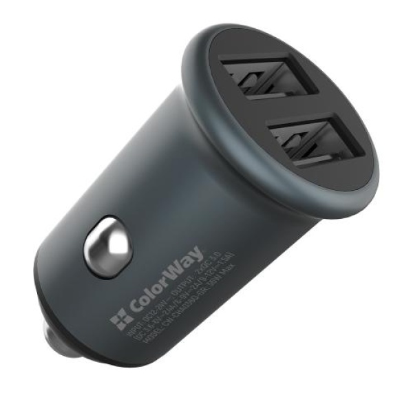 Автомобільний зарядний пристрій ColorWay, Grey, 2xUSB, QC3.0, 2.4A, 36W (CW-CHA036Q-GR)