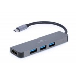 Хаб USB Cablexpert A-CM-COMBO2-01, Grey, Type-C 3.2 - 3xUSB 3.2 / HDMI 4K, кабель 9 см, алюмінієвий корпус