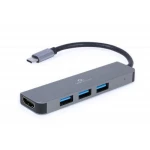 Хаб USB Cablexpert A-CM-COMBO2-01, Grey, Type-C 3.2 - 3xUSB 3.2 / HDMI 4K, кабель 9 см, алюмінієвий корпус