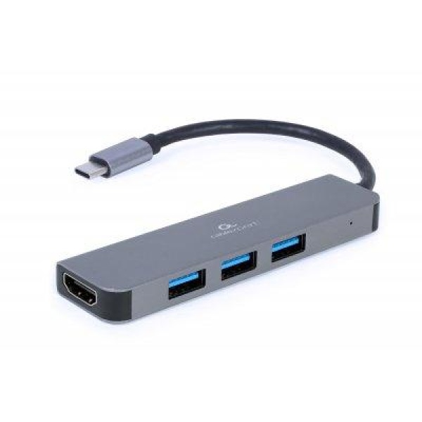 Хаб USB Cablexpert A-CM-COMBO2-01, Grey, Type-C 3.2 - 3xUSB 3.2 / HDMI 4K, кабель 9 см, алюмінієвий корпус