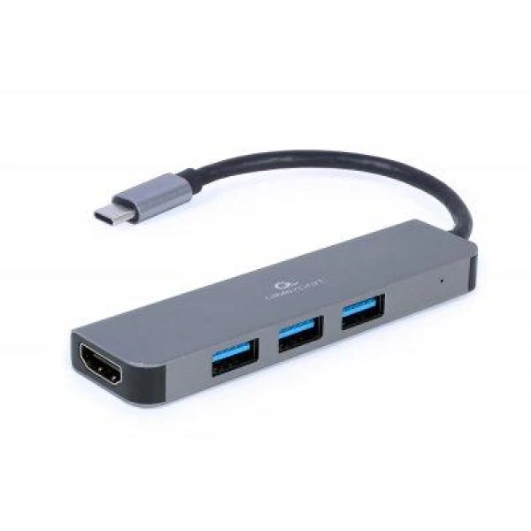 Хаб USB Cablexpert A-CM-COMBO2-01, Grey, Type-C 3.2 - 3xUSB 3.2 / HDMI 4K, кабель 9 см, алюмінієвий корпус