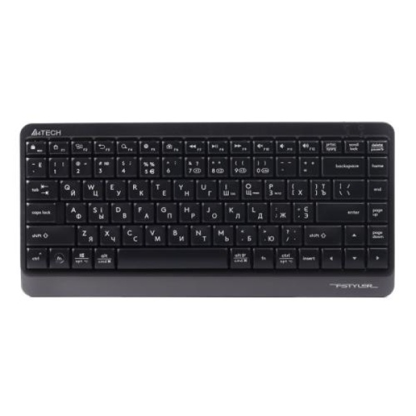 Клавіатура бездротова A4Tech FBK11 "Fstyler", Black/Grey, Bluetooth / USB 2.4GHz, компактний розмір, 12 мультимедійних кнопок, захист від бризок, до 4-х пристроїв, 2xAAA, UA/RU/US