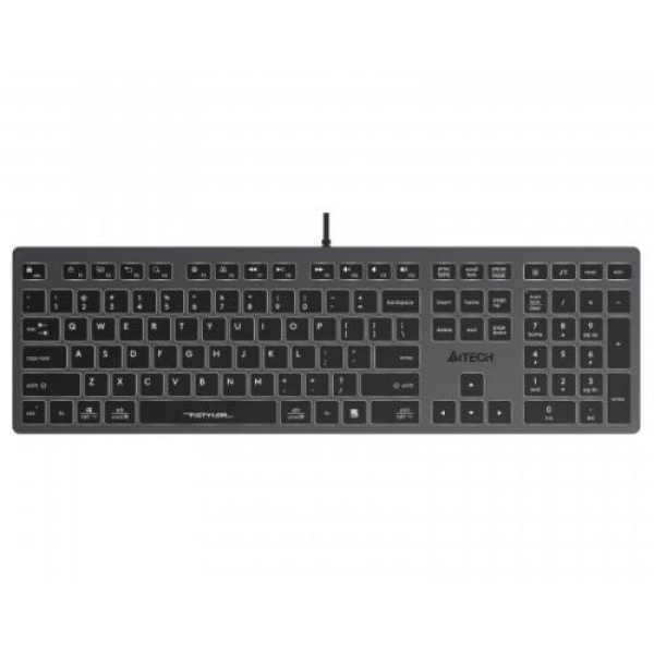Клавіатура A4Tech FX60 "Fstyler", Black/Grey, USB, біле LED підсвічування, ультратонка, перемикачі Scissor, 12 мультимедійних кнопок, захист від бризок, 1.5 м, UA/RU/US