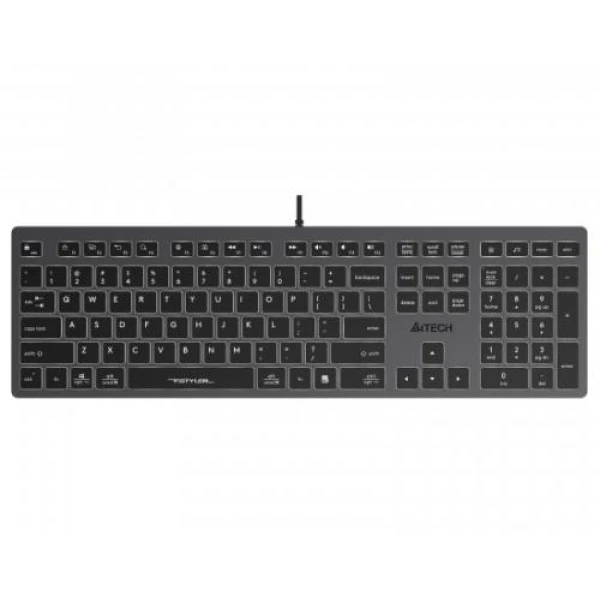 Клавіатура A4Tech FX60 "Fstyler", Black/Grey, USB, біле LED підсвічування, ультратонка, перемикачі Scissor, 12 мультимедійних кнопок, захист від бризок, 1.5 м, UA/RU/US