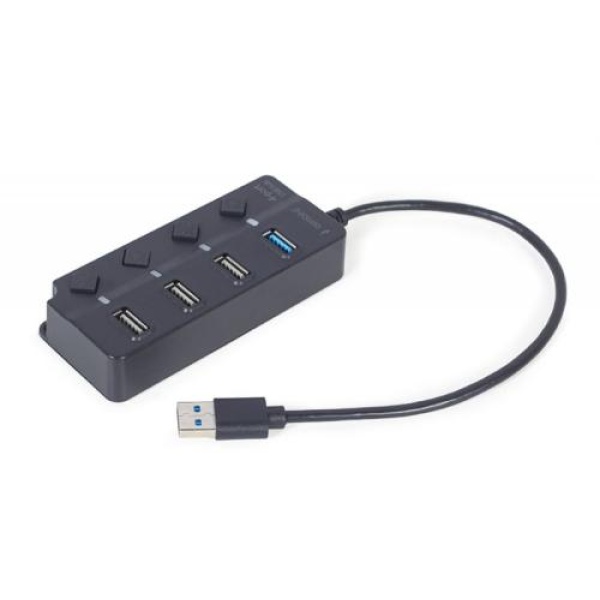 Хаб USB Gembird UHB-U3P1U2P3P-01, Black, USB 3.1 - 1xUSB 3.1 / 3xUSB 2.0, кабель 25 см, вимикач з підсвічуванням для кожного порту