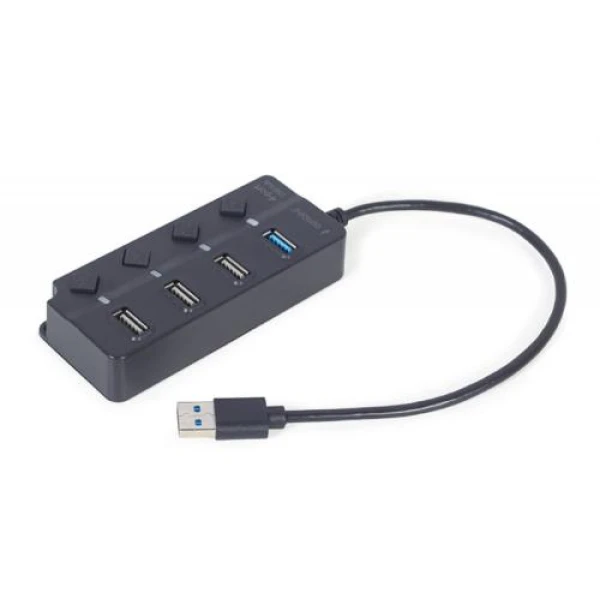 Хаб USB Gembird UHB-U3P1U2P3P-01, Black, USB 3.1 - 1xUSB 3.1 / 3xUSB 2.0, кабель 25 см, вимикач з підсвічуванням для кожного порту