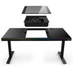 Комп'ютерний стіл ALmordor E140G Black, Gaming Desk, EATX / ATX / Micro ATX, CPU - 135 мм / VGA - 370 мм, 2xUSB 3.0, 1xType-C, 2in1 audio, RGB-підсвічування, PD Fast Charge, беспроводная зарядка (Qi), алюминий, закаленное стекло, сталь
