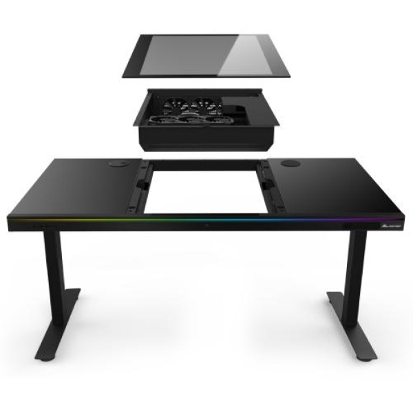 Комп'ютерний стіл ALmordor E140G Black, Gaming Desk, EATX / ATX / Micro ATX, CPU - 135 мм / VGA - 370 мм, 2xUSB 3.0, 1xType-C, 2in1 audio, RGB-підсвічування, PD Fast Charge, беспроводная зарядка (Qi), алюминий, закаленное стекло, сталь