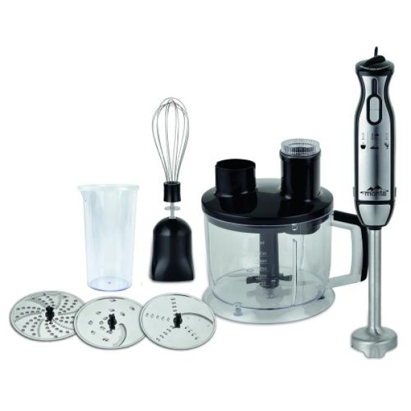 Блендер Monte MT-1910, Black/Inox, 1000W, занурювальний, 2 швидкості з плавним регулюванням, мірний стакан 600 мл з кришкою, велика чаша подрібнювач 1750 мл, 3 диски, ножка з нержавіючої сталі, вінчик