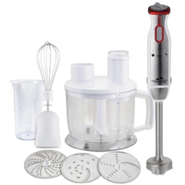 Блендер Monte MT-1910 W, White/Inox, 1000W, занурювальний, 2 швидкості з плавним регулюванням, мірний стакан 600 мл з кришкою, велика чаша подрібнювач 1750 мл, 3 диски, ножка з нержавіючої сталі, вінчик