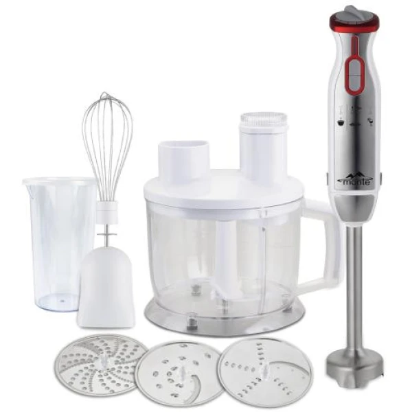Блендер Monte MT-1910 W, White/Inox, 1000W, занурювальний, 2 швидкості з плавним регулюванням, мірний стакан 600 мл з кришкою, велика чаша подрібнювач 1750 мл, 3 диски, ножка з нержавіючої сталі, вінчик