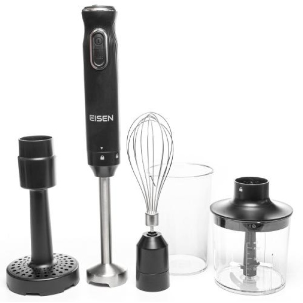 Блендер Eisen EBS-104P, Black, 1000W, занурювальний, 2 швидкості з плавним регулюванням, турбо режим, подрібнювач 400мл, склянка 500мл, насадка для пюре, вінчик