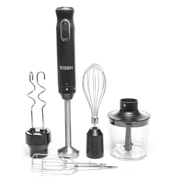 Блендер Eisen EBS-133M, Black, 1000W, занурювальний, 2 швидкості з плавним регулюванням, турбо режим, подрібнювач 400мл, склянка 500мл, насадка-міксер, гаки для тіста, вінчик