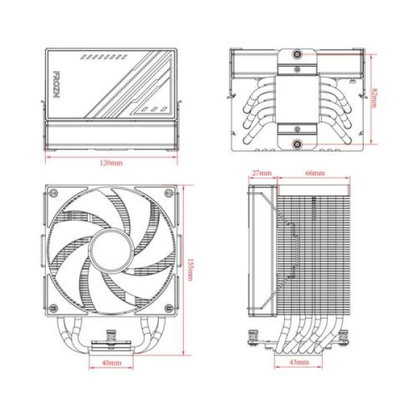 Кулер для процесора ID-Cooling FROZN A610 ARGB, 120 мм, 6 теплових трубок, алюміній/мідь, Intel: 1700, 1200, 1150, 1151, 1155, 1156, AMD: AM4/AM5, 500±200 ~ 2000±10% об/хв, 29.85dB(A) Max, 154х94х120 мм, 4-pin PWM, до 250 Вт