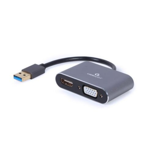 Перехідник USB 3.0 (M) - HDMI (F) / VGA (F), Cablexpert, Black, 15 см (A-USB3-HDMIVGA-01)