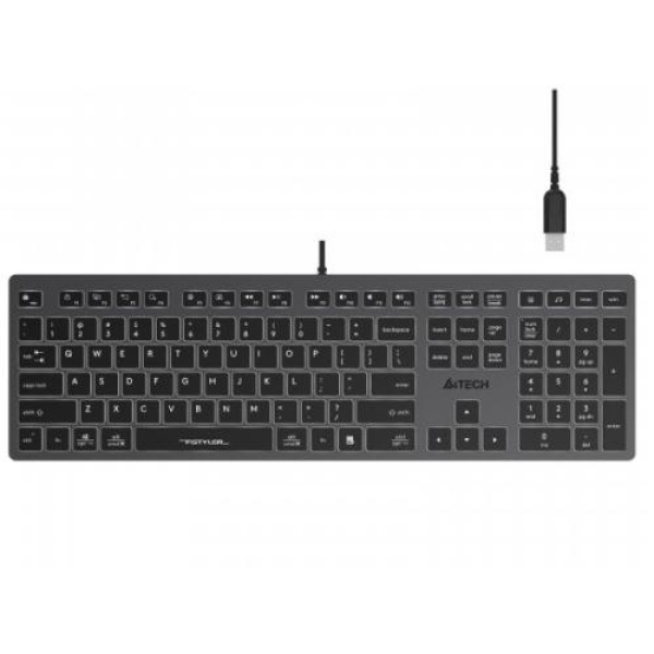 Клавіатура A4Tech FX60H "Fstyler", Black/Grey, USB, біле LED підсвічування, ультратонка, перемикачі Scissor, 2xUSB, 12 мультимедійних кнопок, захист від бризок, 1.5 м, UA/RU/US