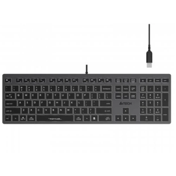 Клавіатура A4Tech FX60H "Fstyler", Black/Grey, USB, біле LED підсвічування, ультратонка, перемикачі Scissor, 2xUSB, 12 мультимедійних кнопок, захист від бризок, 1.5 м, UA/RU/US