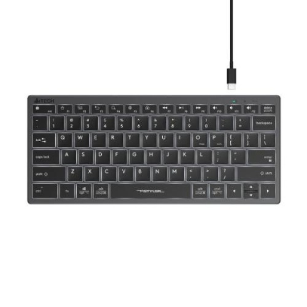 Клавіатура A4Tech FX61 "Fstyler", Black/Grey, USB, біле LED підсвічування, компактна, ультратонка, перемикачі Scissor, 12 мультимедійних кнопок, захист від бризок, 1.5 м, UA/RU/US