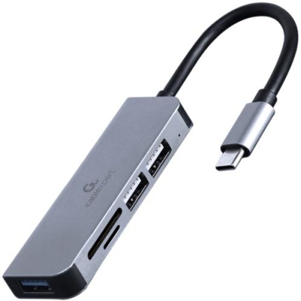 Хаб USB Cablexpert UHB-CM-CRU3P1U2P2-01, Grey, Type-C 3.1 - 1xUSB 3.1 / 2xUSB 2.0 / microSD / SD, кабель 12 см, алюмінієвий корпус