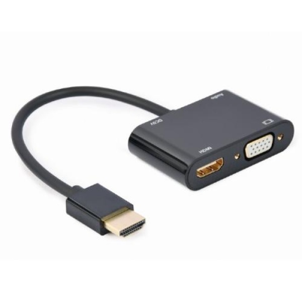 Перехідник HDMI (M) - HDMI (F) / VGA (F), Cablexpert, Black, 15 см, 3.5 мм для передачі звуку, microUSB для додаткового живлення (A-HDMIM-HDMIFVGAF-01)