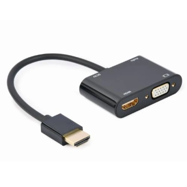 Перехідник HDMI (M) - HDMI (F) / VGA (F), Cablexpert, Black, 15 см, 3.5 мм для передачі звуку, microUSB для додаткового живлення (A-HDMIM-HDMIFVGAF-01)
