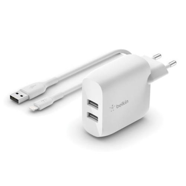 Мережевий зарядний пристрій Belkin, White, 24 Вт, 2xUSB, кабель USB - Lightning 1м (WCD001VF1MWH)