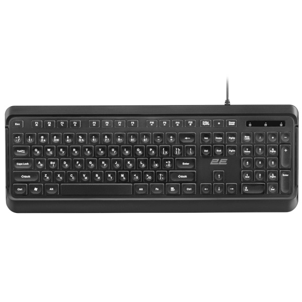 Клавіатура 2E KS120, Black, USB, біле підсвічування, 12 мультимедіа клавіш, 1.5 м, UA / EN (2E-KS120UB_UA)