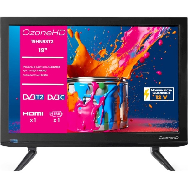 Телевізор 19" OzoneHD 19HN93T2, LED 1440x900 60 Гц, DVB-T2/C, HDMI/VGA, USB, Vesa 75x75