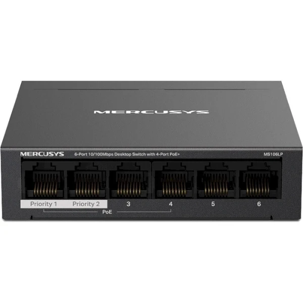 Комутатор Mercusys MS106LP, Black, LAN 10/100/1000Mb, 4 порти PoE+