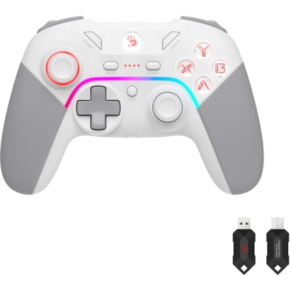 Геймпад Bloody GPW70, White/Grey, бездротовий (USB 2.4GHz), для ПК / PS3 / Switch / Android, подвійна вібрація, 600 mAh