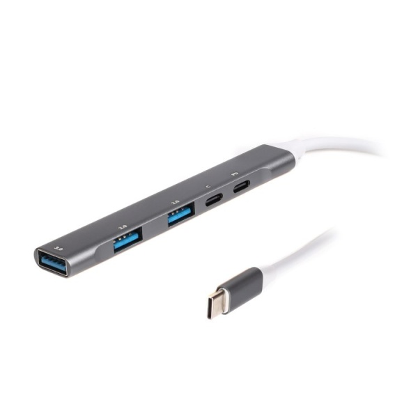 Хаб USB Maxxter HU3C-4P1PD-01, Grey, Type-C 3.0 - 1xType-C 3.0 (100 Вт) / 1xType-C 2.0 / 1xUSB 3.0 / 2xUSB 2.0, кабель 12 см, алюмінієвий корпус