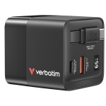 Мережевий зарядний пристрій Verbatim, Black, 65 Вт, GaN, 1xType-C (65 Вт / PD3.0), 1xUSB (18 Вт / QC3.0), вбуд. кабель Type-C (65 Вт, 80 см), цифровий LED дисплей (32217)