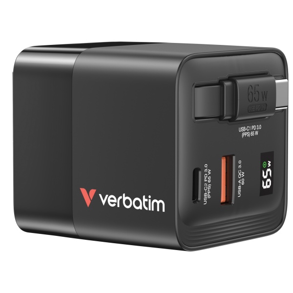 Мережевий зарядний пристрій Verbatim, Black, 65 Вт, GaN, 1xType-C (65 Вт / PD3.0), 1xUSB (18 Вт / QC3.0), вбуд. кабель Type-C (65 Вт, 80 см), цифровий LED дисплей (32217)