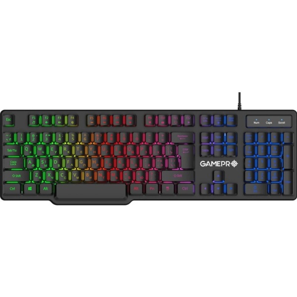Клавіатура GamePro GK380, Black, USB, мембранна, RGB-підсвічування, 104 кнопки, 1.5 м, UK/EN