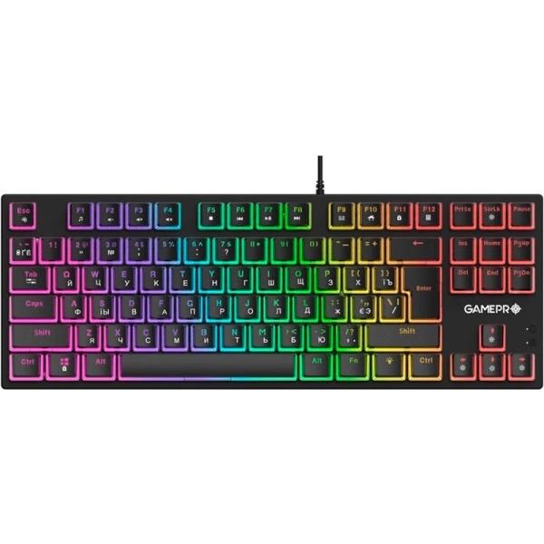 Клавіатура GamePro MK80B, Black, USB, механічна (перемикачі Blue), RGB-підсвічування, 87 кнопок, 1.5 м, UK/RU/EN