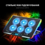 Підставка для ноутбука до 18" GamePro CP890, Black, RGB підсвічування, 6 x 70 мм вентилятор (2500 rpm), LCD-дисплей, метал/пластик, 2xUSB 2.0, 396 х 286 х 28 мм, 1000 г, регулювання швидкості вентиляторів та кута нахилу - Зображення 7