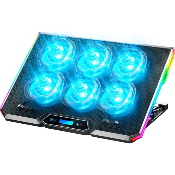 Підставка для ноутбука до 18" GamePro CP890, Black, RGB підсвічування, 6 x 70 мм вентилятор (2500 rpm), LCD-дисплей, метал/пластик, 2xUSB 2.0, 396 х 286 х 28 мм, 1000 г, регулювання швидкості вентиляторів та кута нахилу