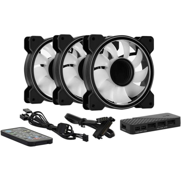 Вентилятор 120 мм, AeroCool Mirage 12 ARGB Pro, Black, 3 шт, 120x120x25 мм, ARGB підсвічування, 1300 об/хв, 17.8 дБ, 6-pin, гідродинамічний підшипник, хаб, пульт ДК