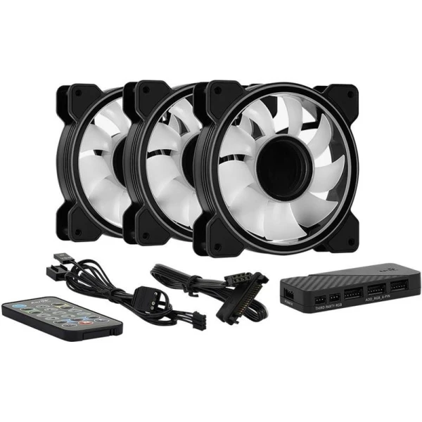 Вентилятор 120 мм, AeroCool Mirage 12 ARGB Pro, Black, 3 шт, 120x120x25 мм, ARGB підсвічування, 1300 об/хв, 17.8 дБ, 6-pin, гідродинамічний підшипник, хаб, пульт ДК