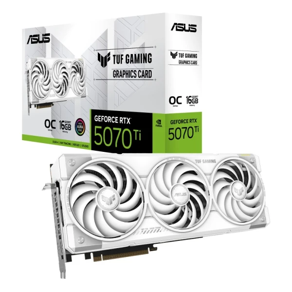 Відеокарта GeForce RTX 5070 Ti, ASUS, TUF GAMING OC (White Edition), 16Gb GDDR7, 256-bit, 2xHDMI/3xDP, 2610/28000 MHz, 16-pin (TUF-RTX5070TI-O16G-WHITE-GAMING)