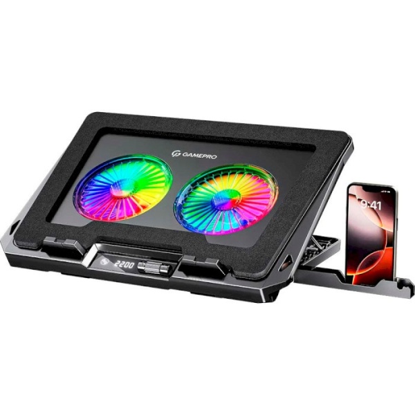 Підставка для ноутбука до 17.3" GamePro CP910, Black, 2 x 110 мм (300-2200 об/хв), магнітна підкладка, RGB підсвічування, LCD екран, 7 рівнів висоти, Type-C / USB, знімна підставка для смартфона, металева сітка, 400 x 288 x 45 мм, 1.25 кг
