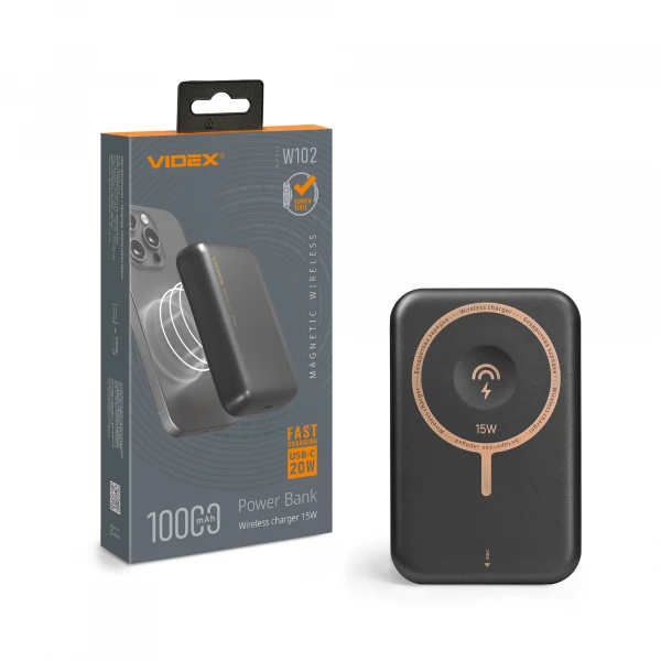 Повербанк з бездротовою зарядкою 10000mAh VIDEX VPB-W102 PD20W Grey