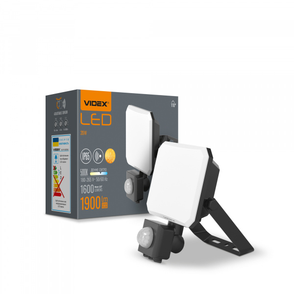 LED прожектор VIDEX F3 20W 5000K з датчиком руху 220V Black (VLE-F3-0205B-S)