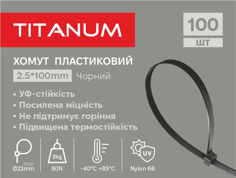 197f2834-2216-11f1-851c-78e7d1920002.jpeg Хомут пластиковий 2.5x100мм 100шт УФ PA6.6 чорний (TF-PH2510-B) TITANUM - Зображення 1