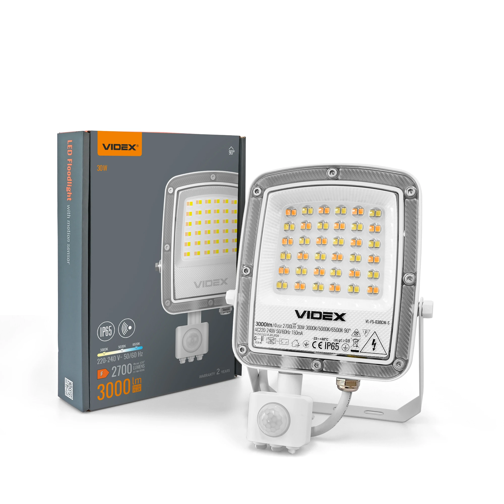 8a4056d1-5f48-11f1-8529-78e7d1920002.jpeg LED прожектор VIDEX F5 30W 3000-5000-6500K з датчиком руху 230V White (VL-F5-030CW-S) - Зображення 1