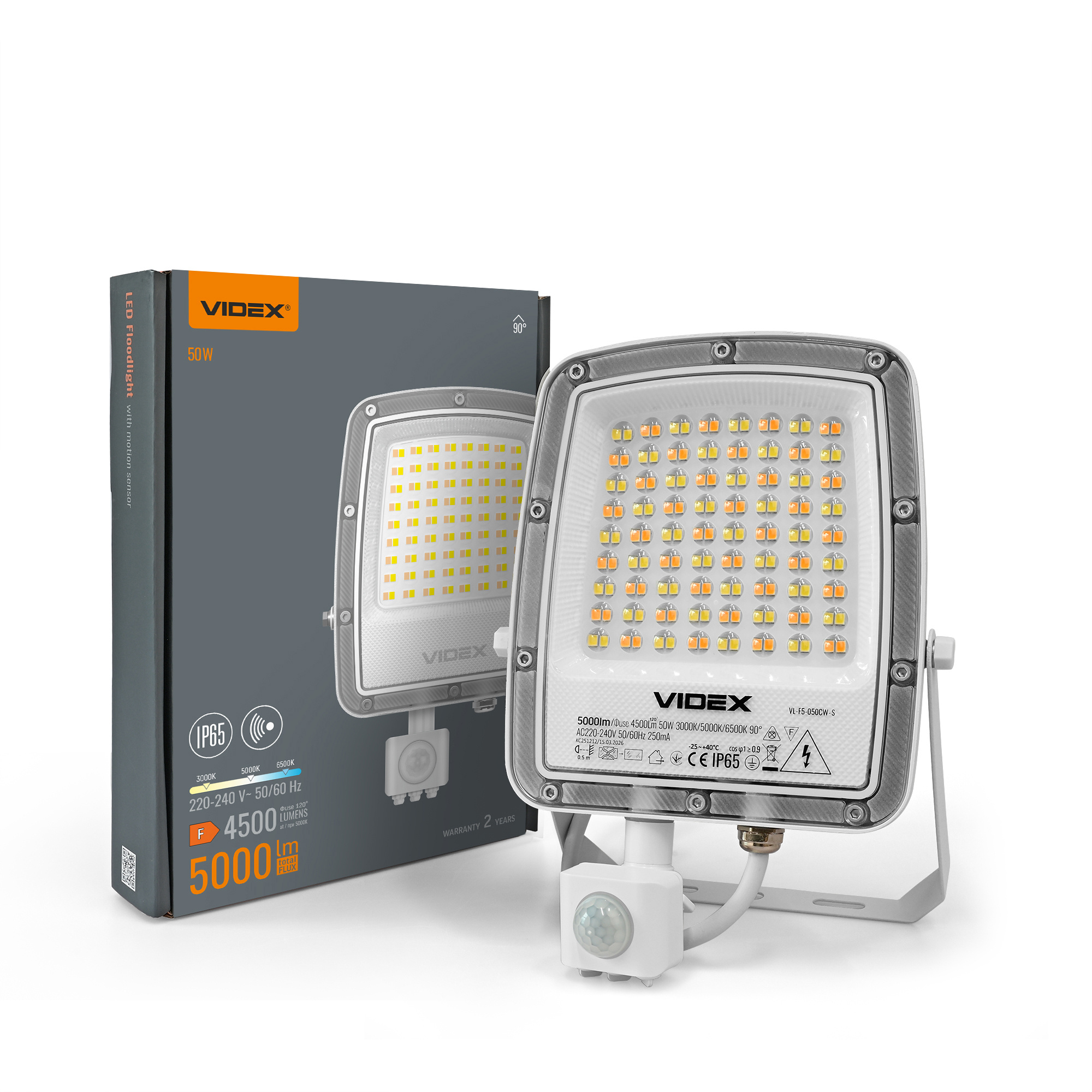 9b73ee19-5f48-11f1-8529-78e7d1920002.jpeg LED прожектор VIDEX F5 50W 3000-5000-6500K з датчиком руху 230V White (VL-F5-050CW-S) - Зображення 1