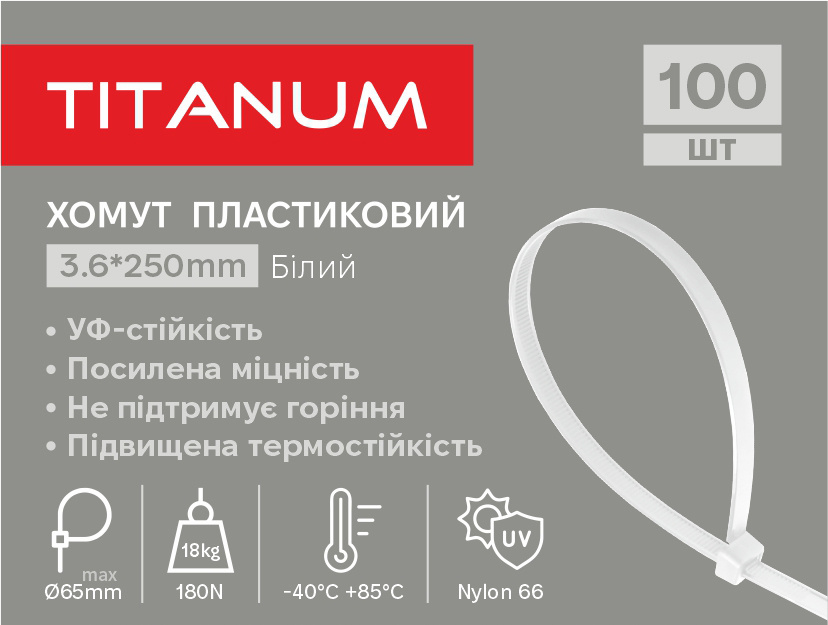 a90bffa7-2214-11f1-851c-78e7d1920002.jpeg Хомут пластиковий 3.6x250мм 100шт УФ PA6.6 білий (TF-PH3625-W) TITANUM - Зображення 1